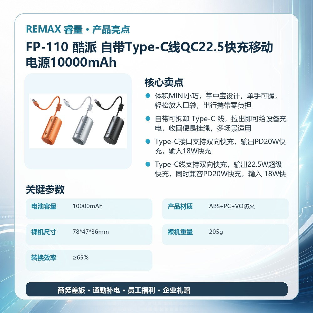 REMAX睿量 FP-110 酷派 自带Type-C线QC22.5快充移动电源10000mAh|10000mAh·20W快充·自带快充线产品图 4