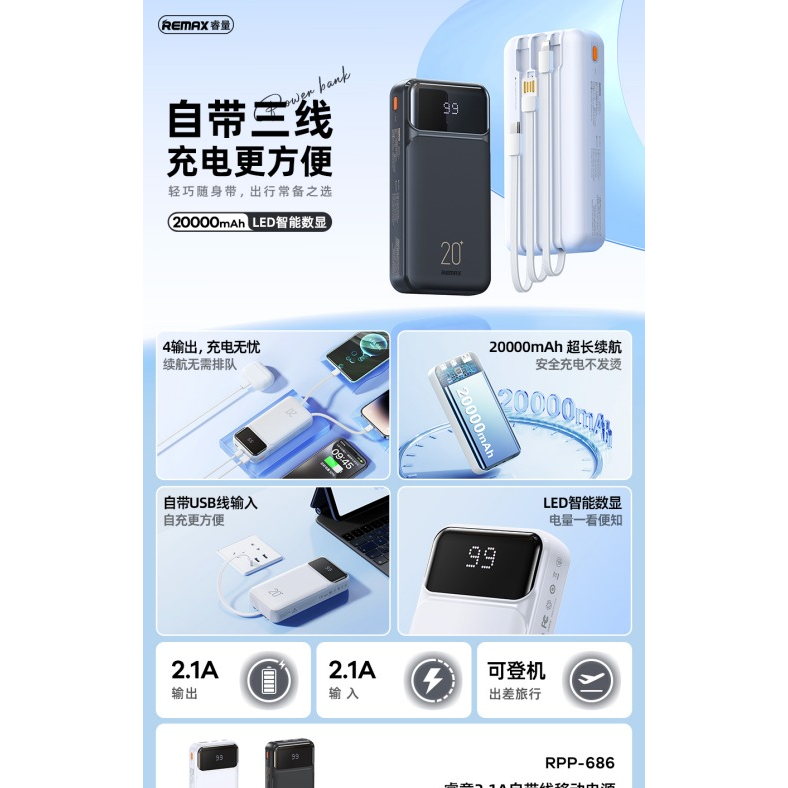 REMAX睿量 RPP-686 睿意 2.1A 自带线移动电源|20000mAh·自带快充线·LED数显产品图 3