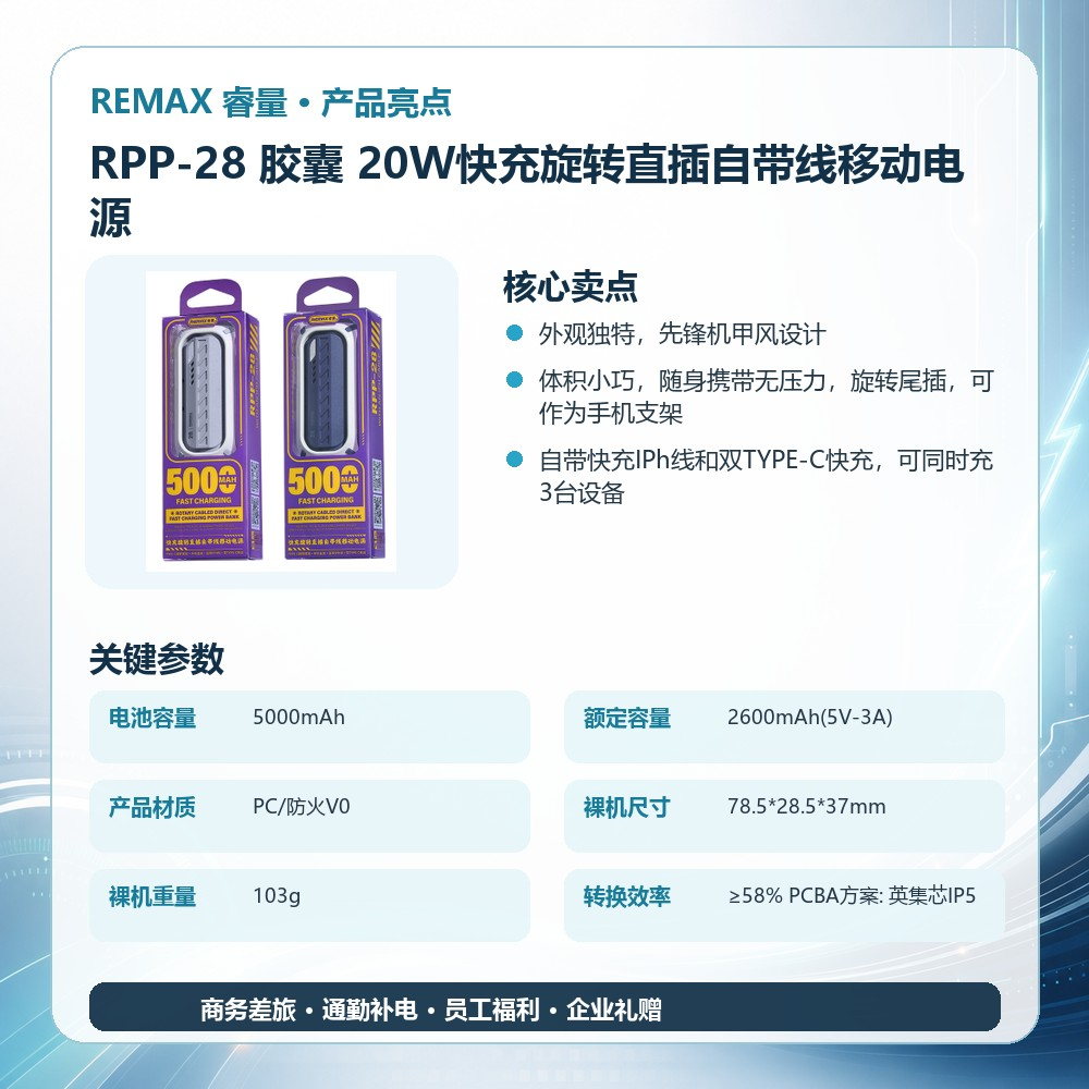 REMAX睿量 RPP-28 胶囊 20W快充旋转直插自带线移动电源|5000mAh·20W快充·自带快充线·折叠支架产品图 4