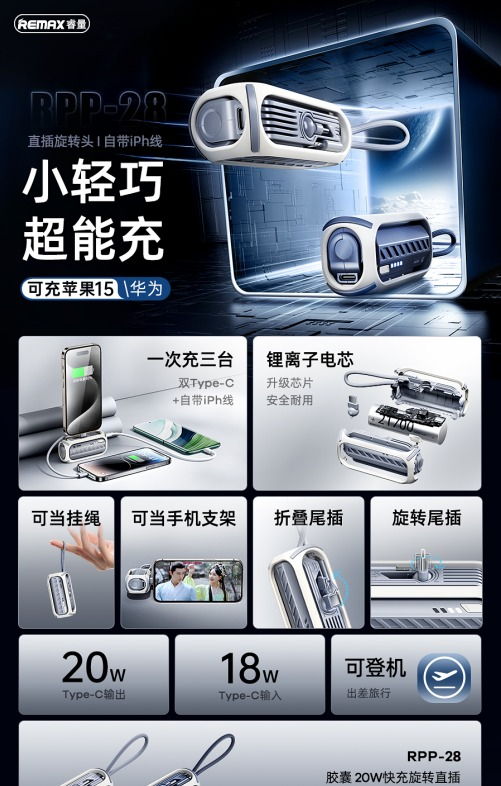 REMAX睿量 RPP-28 REMAX睿量 RPP-28 胶囊 20W快充旋转直插自带线移动电源｜5000mAh·20W快充·自带快充线·折叠支架 产品功能与规格详情图 01