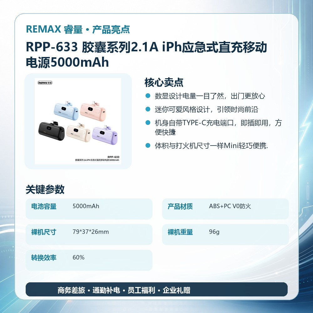 REMAX睿量 RPP-633 胶囊系列2.1A iPh应急式直充移动电源5000mAh|5000mAh·10W快充产品图 4