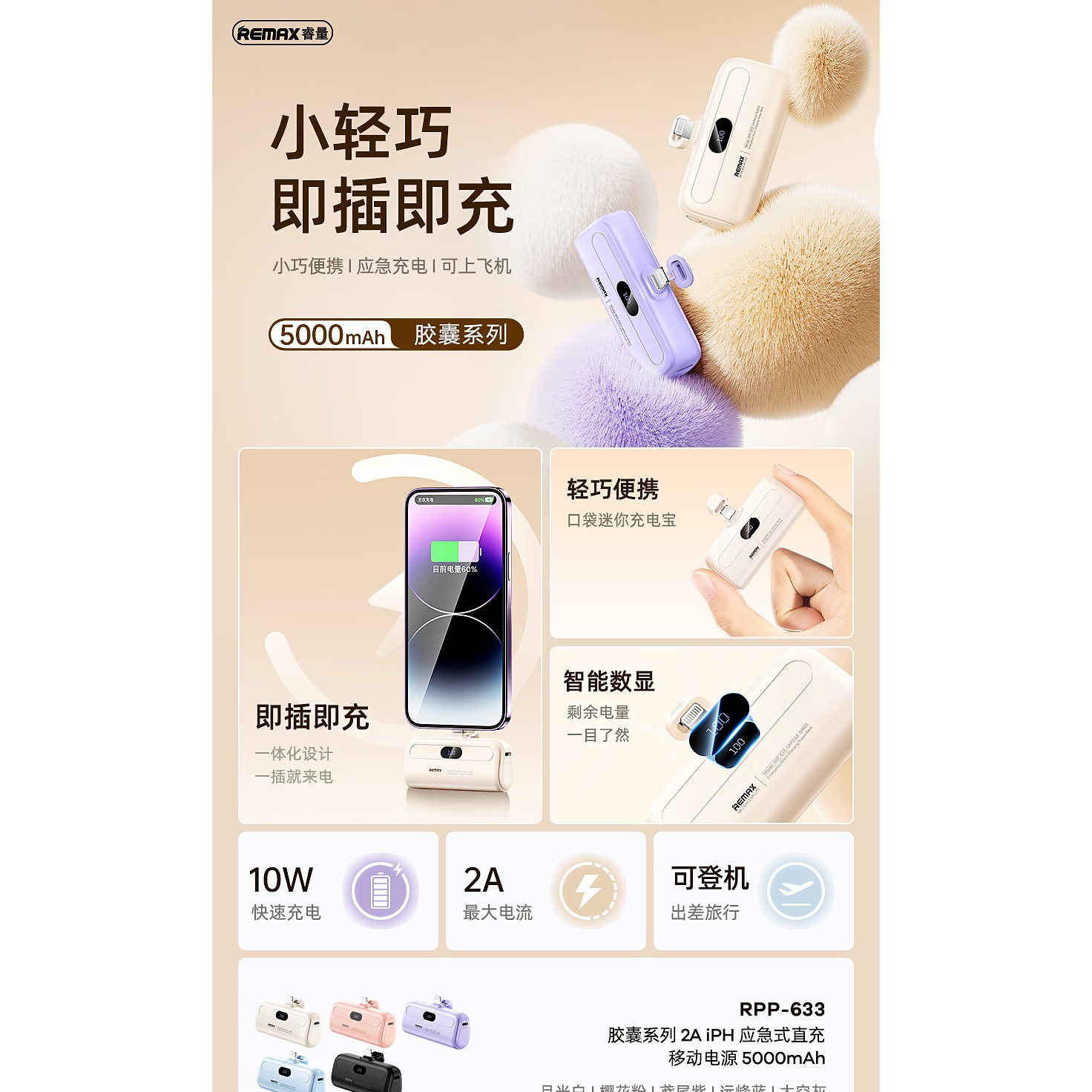 REMAX睿量 RPP-633 胶囊系列2.1A iPh应急式直充移动电源5000mAh|5000mAh·10W快充产品图 3