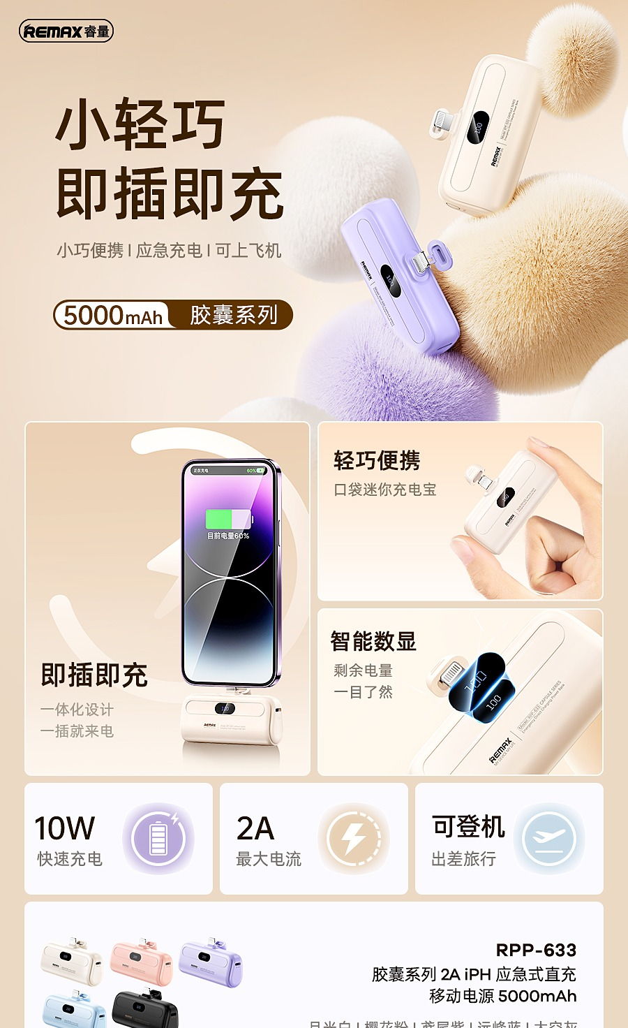 REMAX睿量 RPP-633 REMAX睿量 RPP-633 胶囊系列2.1A iPh应急式直充移动电源5000mAh｜5000mAh·10W快充 产品功能与规格详情图 01