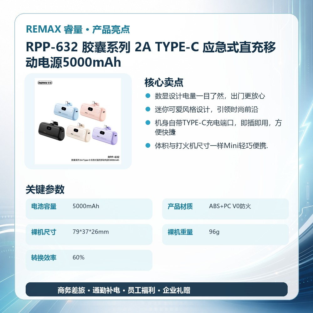 REMAX睿量 RPP-632 胶囊系列 2A TYPE-C 应急式直充移动电源5000mAh|5000mAh·10W快充产品图 4
