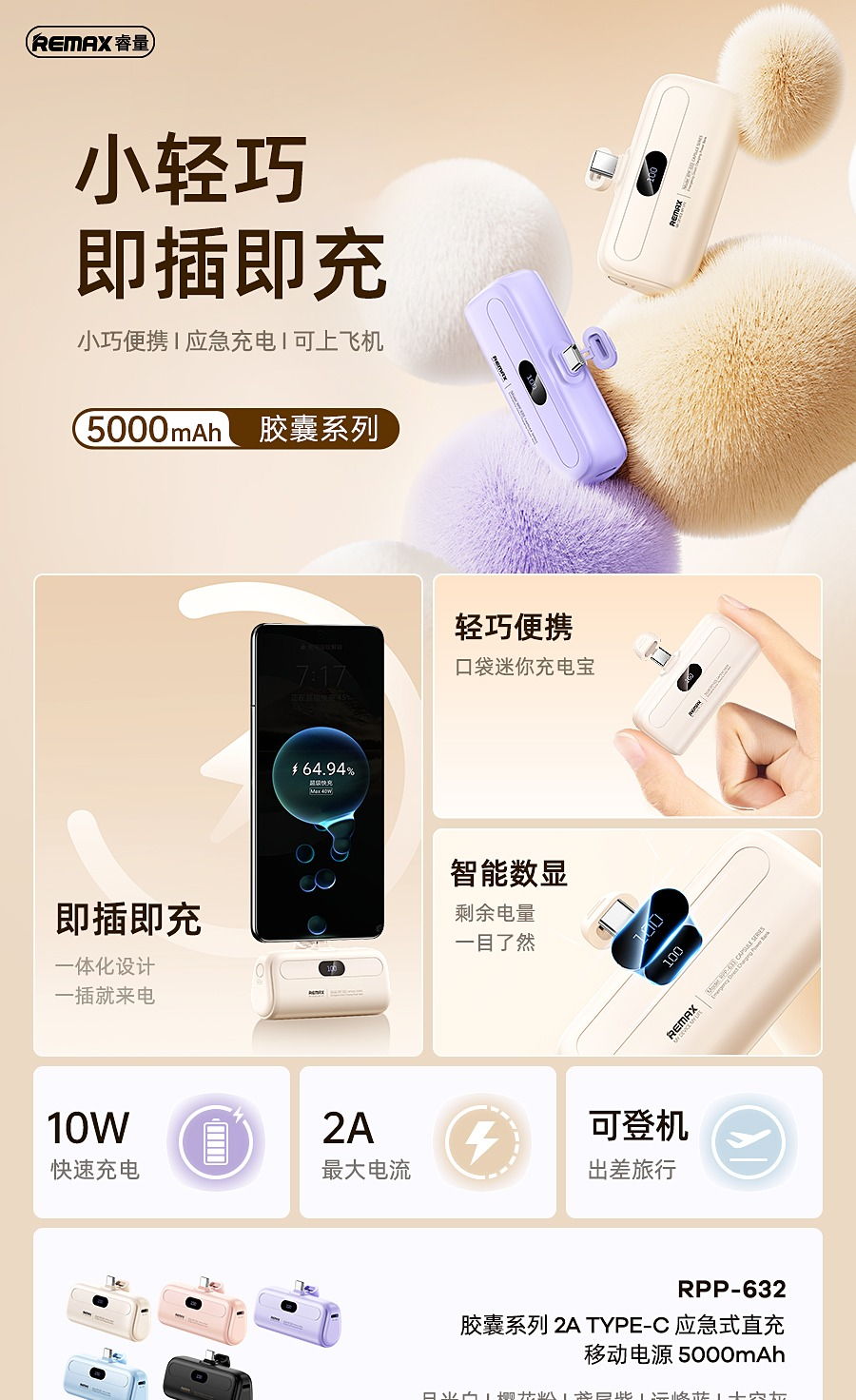 REMAX睿量 RPP-632 REMAX睿量 RPP-632 胶囊系列 2A TYPE-C 应急式直充移动电源5000mAh｜5000mAh·10W快充 产品功能与规格详情图 01