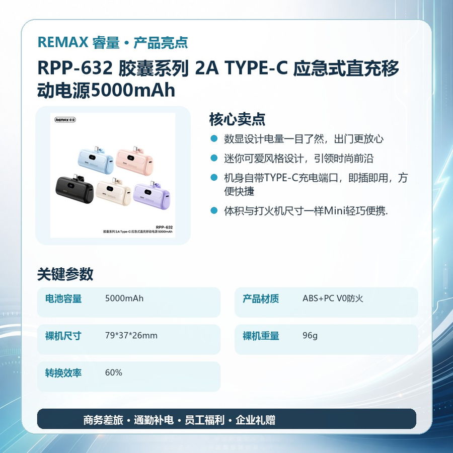 REMAX睿量 RPP-632 REMAX睿量 RPP-632 胶囊系列 2A TYPE-C 应急式直充移动电源5000mAh|5000mAh·10W快充 产品功能与规格详情图 02