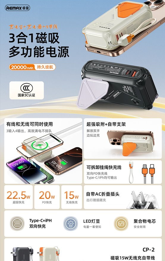 REMAX睿量 CP-2 REMAX睿量 CP-2 磁吸15W无线充自带线墙插电源22.5W｜20000mAh·20W快充·自带快充线·墙插二合一 产品功能与规格详情图 01