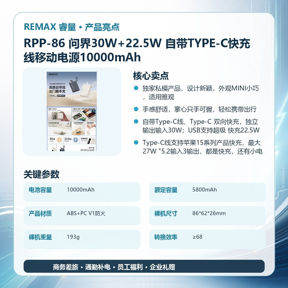 REMAX睿量 RPP-86 问界30W+22.5W 自带TYPE-C快充线移动电源10000mAh|10000mAh·30W快充·自带快充线产品图 3