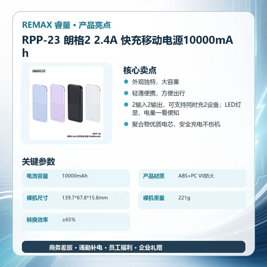 REMAX睿量 RPP-23 REMAX睿量 RPP-23 朗格2 2.4A 快充移动电源10000mAh|10000mAh 产品功能与规格详情图 02
