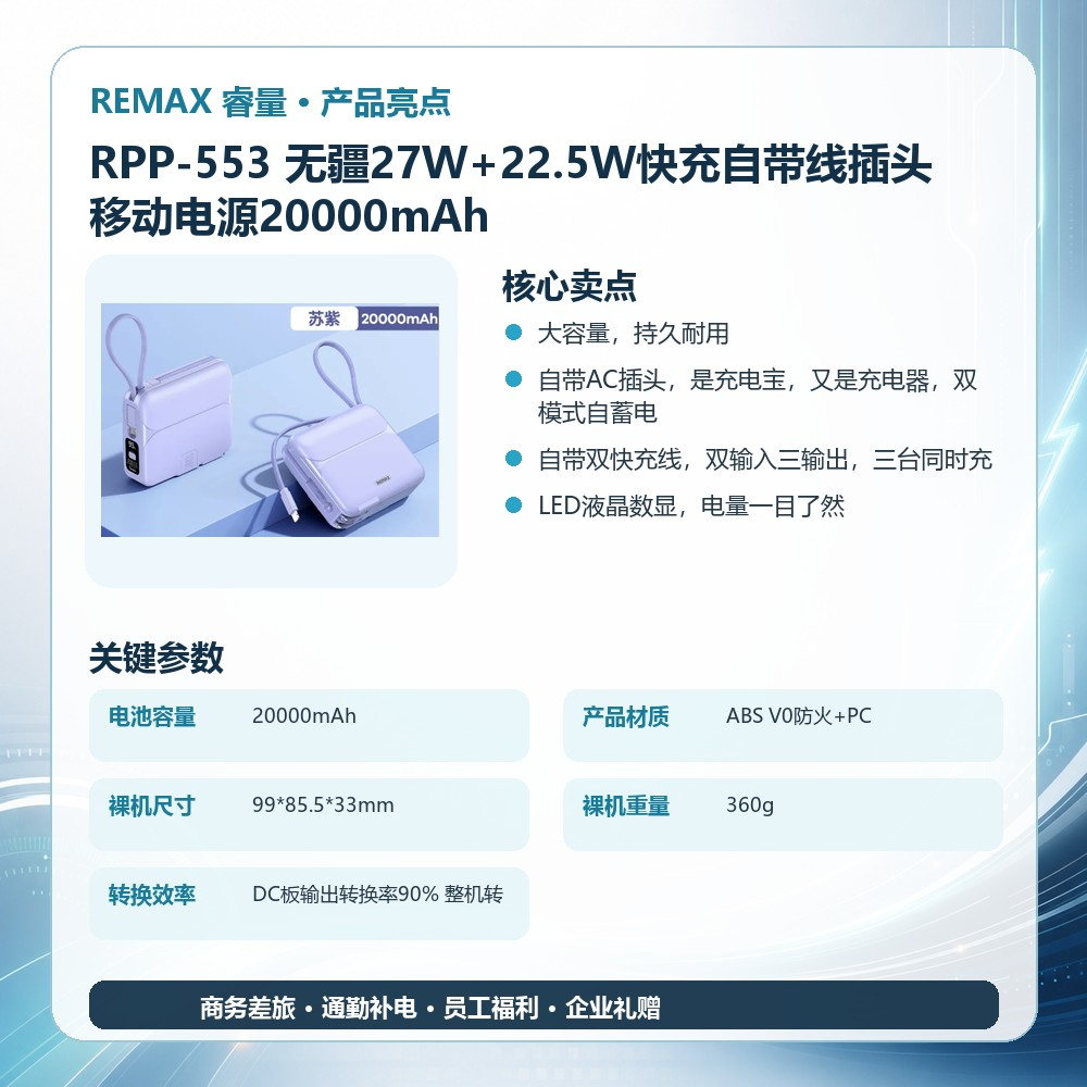 REMAX睿量 RPP-553 无疆27W+22.5W快充自带线插头移动电源20000mAh|20000mAh·27W快充·自带快充线·折叠支架产品图 3