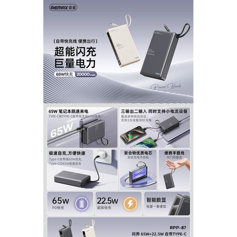 REMAX睿量 RPP-87 问界30W+22.5W 自带TYPE-C快充线移动电源20000mAh|20000mAh·65W快充·自带快充线产品图 2