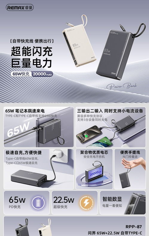 REMAX睿量 RPP-87 REMAX睿量 RPP-87 问界30W+22.5W 自带TYPE-C快充线移动电源20000mAh｜20000mAh·65W快充·自带快充线 产品功能与规格详情图 01