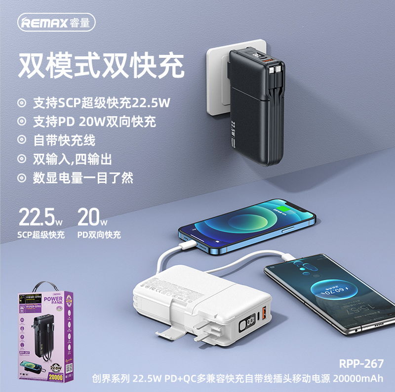 REMAX睿量 RPP-267 REMAX睿量 RPP-267 创界系列22.5W QC+PD多兼容自带线插头移动电源｜20000mAh·20W快充·自带快充线 产品功能与规格详情图 01