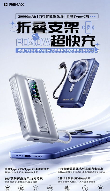 REMAX睿量 FP-113 REMAX睿量 FP-113 缤越 TFT屏自带C线360°支架磁吸无线充移动电源PD40｜20000mAh·40W快充·磁吸无线充·折叠支架 产品功能与规格详情图 01