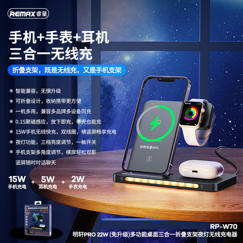 REMAX睿量 RP-W70 REMAX睿量 RP-W70 明轩Pro 22W 多功能（免升级）桌面三合一折叠支架夜灯无线充电器｜22W快充·磁吸无线充·折叠支架 产品功能与规格详情图 01