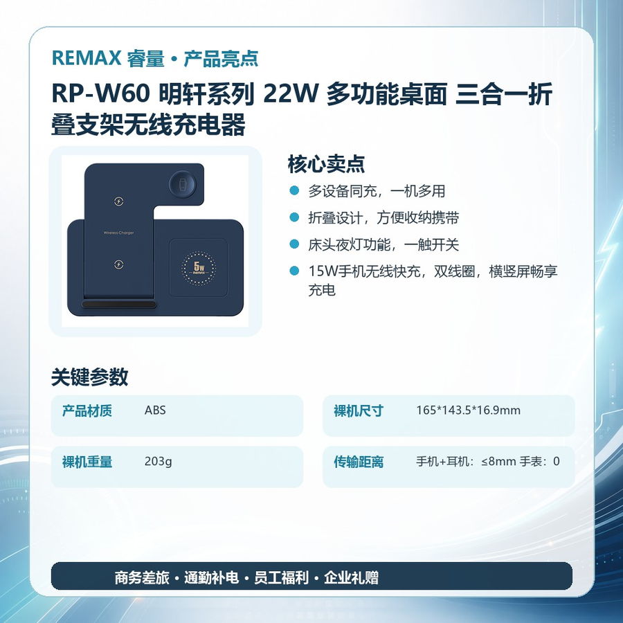 REMAX睿量 RP-W60 REMAX睿量 RP-W60 明轩系列 22W 多功能桌面 三合一折叠支架无线充电器｜27W快充·磁吸无线充·折叠支架 产品功能与规格详情图 02