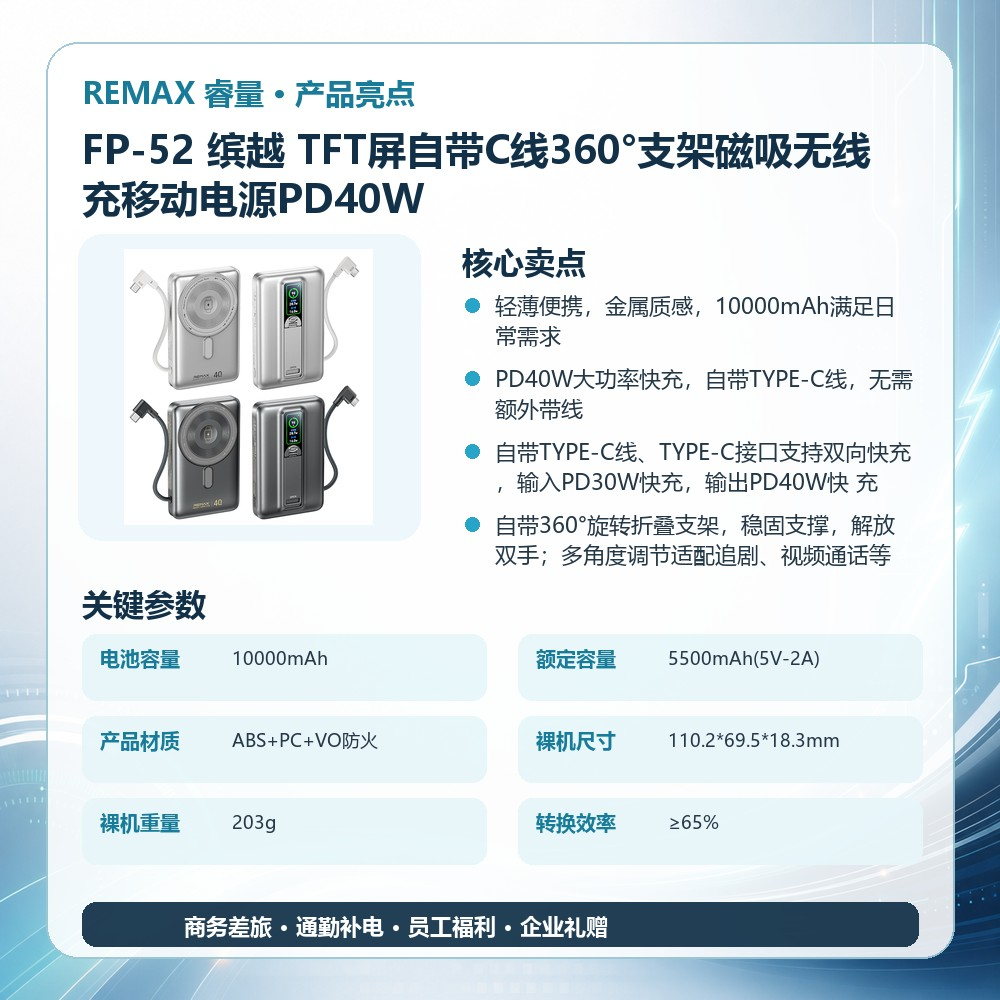 REMAX睿量 FP-52 缤越 TFT屏自带C线360°支架磁吸无线充移动电源PD40W|10000mAh·40W快充·磁吸无线充·折叠支架产品图 4