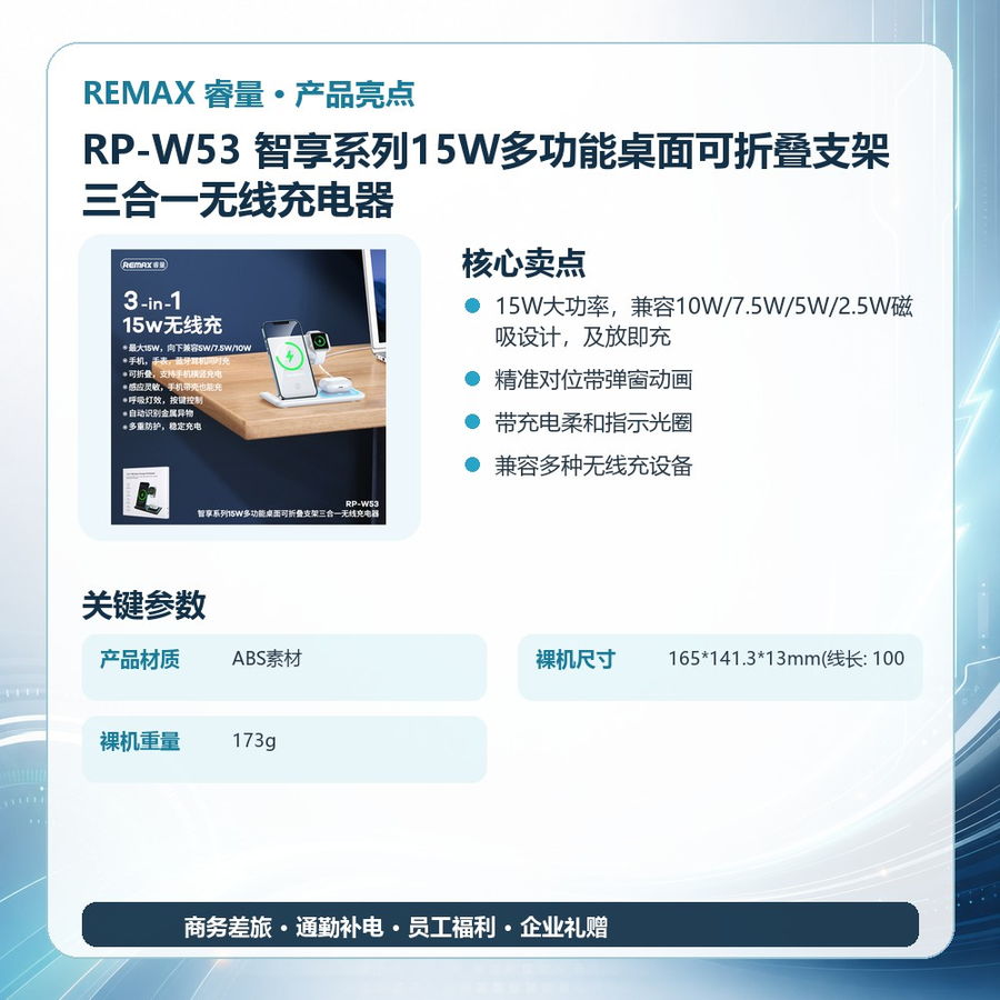REMAX睿量 RP-W53 REMAX睿量 RP-W53 智享系列15W多功能桌面可折叠支架三合一无线充电器|15W快充·磁吸无线充·折叠支架 产品功能与规格详情图 02