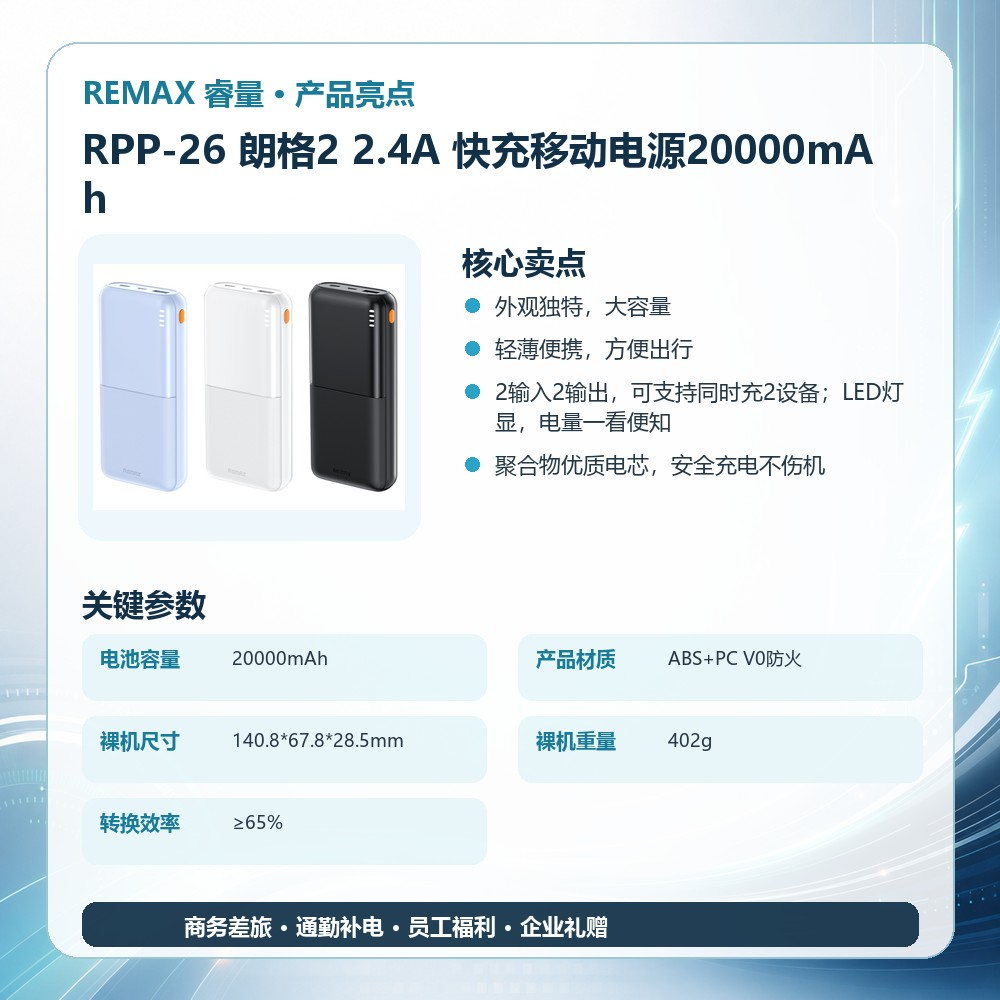 REMAX睿量 RPP-26 朗格2 2.4A 快充移动电源20000mAh|20000mAh产品图 4