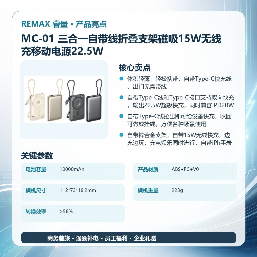 REMAX睿量 MC-01 三合一自带线折叠支架磁吸15W无线充移动电源22.5W｜10000mAh·20W快充·自带快充线·磁吸无线充产品图 4