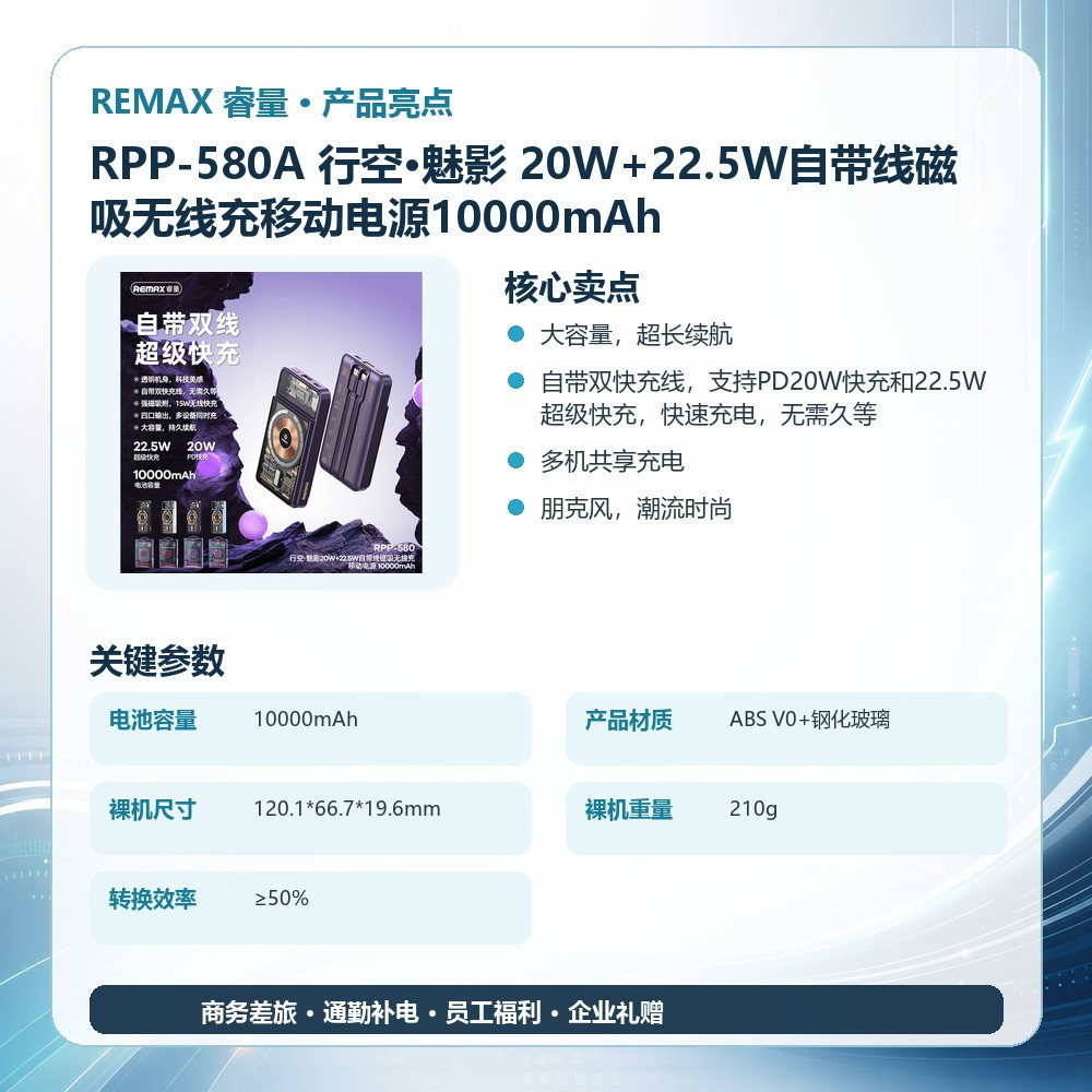 REMAX睿量 RPP-580A 行空·魅影 20W+22.5W自带线磁吸无线充移动电源10000mAh|10000mAh·20W快充·自带快充线·磁吸无线充产品图 2