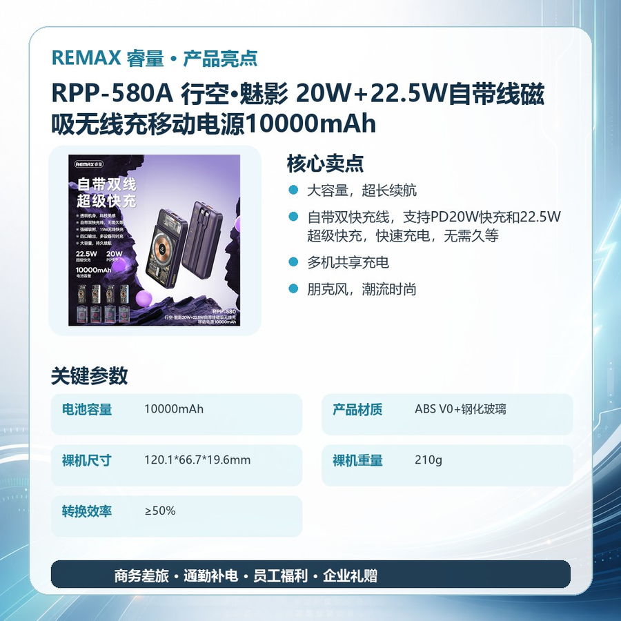 REMAX睿量 RPP-580A REMAX睿量 RPP-580A 行空·魅影 20W+22.5W自带线磁吸无线充移动电源10000mAh｜10000mAh·20W快充·自带快充线·磁吸无线充 产品功能与规格详情图 02