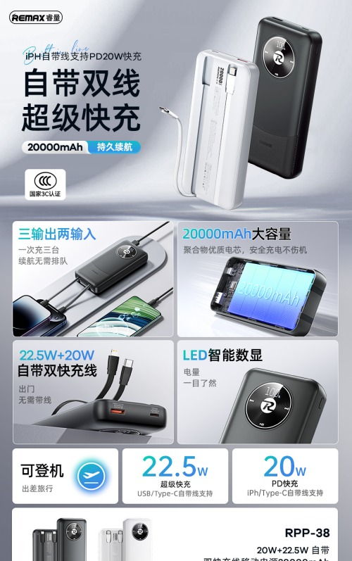 REMAX睿量 RPP-38 REMAX睿量 RPP-38 20W+22.5W 自带双快充线移动电源20000mAh｜20000mAh·20W快充·自带快充线 产品功能与规格详情图 01