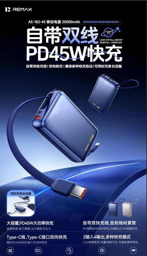 REMAX睿量 AS-182 REMAX睿量 AS-182 智界 移动电源 （ 45W 双快充线）｜20000mAh·45W快充·自带快充线 产品功能与规格详情图 01