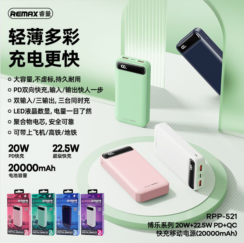 REMAX睿量 RPP-521 REMAX睿量 RPP-521 博乐系列 20W+22.5W PD+QC 快充移动电源20000mAh｜20000mAh·20W快充 产品功能与规格详情图 01