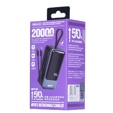 REMAX睿量 RPP-59 电霸 65W+60W PD+QC自带可拆卸双快充线移动电源20000mAh|20000mAh·65W快充·自带快充线产品图 2