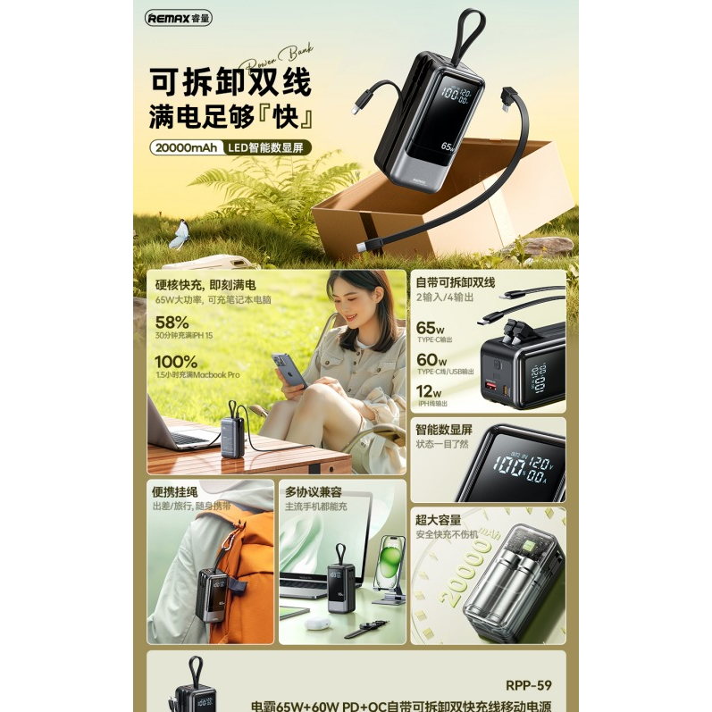 REMAX睿量 RPP-59 电霸 65W+60W PD+QC自带可拆卸双快充线移动电源20000mAh|20000mAh·65W快充·自带快充线产品图 3