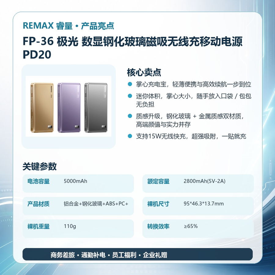REMAX睿量 FP-36 REMAX睿量 FP-36 极光 数显钢化玻璃磁吸无线充移动电源PD20|5000mAh·20W快充·磁吸无线充·LED数显 产品功能与规格详情图 02
