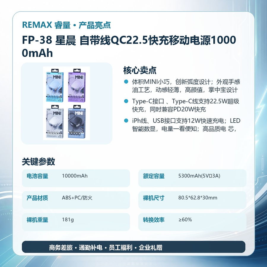 REMAX睿量 FP-38 REMAX睿量 FP-38 星晨 自带线QC22.5快充移动电源10000mAh|10000mAh·20W快充·自带快充线 产品功能与规格详情图 02