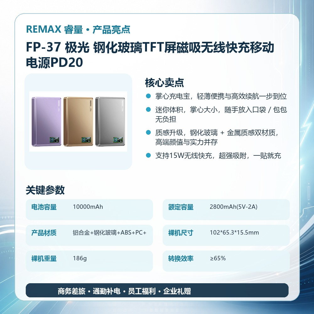 REMAX睿量 FP-37 极光 钢化玻璃TFT屏磁吸无线快充移动电源PD20|10000mAh·20W快充·TFT智能数显·LED数显产品图 4