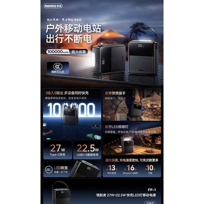REMAX睿量 FP-1 领航者 27W+22.5W 快充LED灯移动电源100000mAh|100000mAh·27W快充·LED数显·户外照明产品图 2