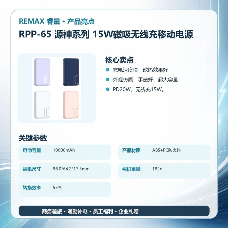 REMAX睿量 RPP-65 REMAX睿量 RPP-65 源神系列 15W磁吸无线充移动电源|10000mAh·20W快充·磁吸无线充 产品功能与规格详情图 02