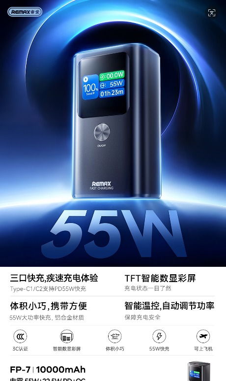 REMAX睿量 FP-7 REMAX睿量 FP-7 电霸 55W+22.5W PD+QC彩屏铝合金快充移动电源｜10000mAh·55W快充·TFT智能数显·铝合金机身 产品功能与规格详情图 01