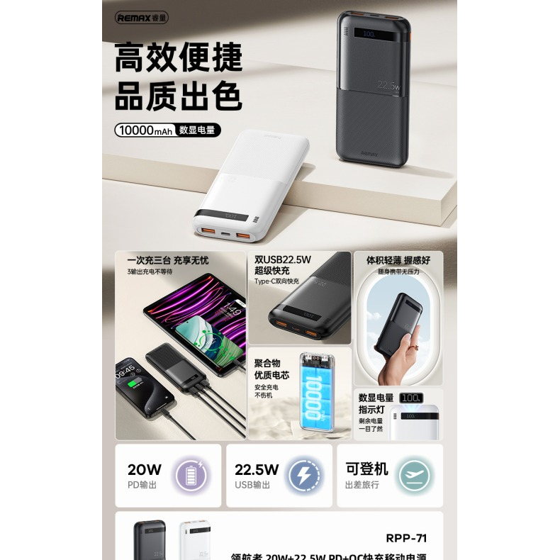 REMAX睿量 RPP-71 领航者 20W+22.5W PD+QC快充移动电源|10000mAh·20W快充产品图 2