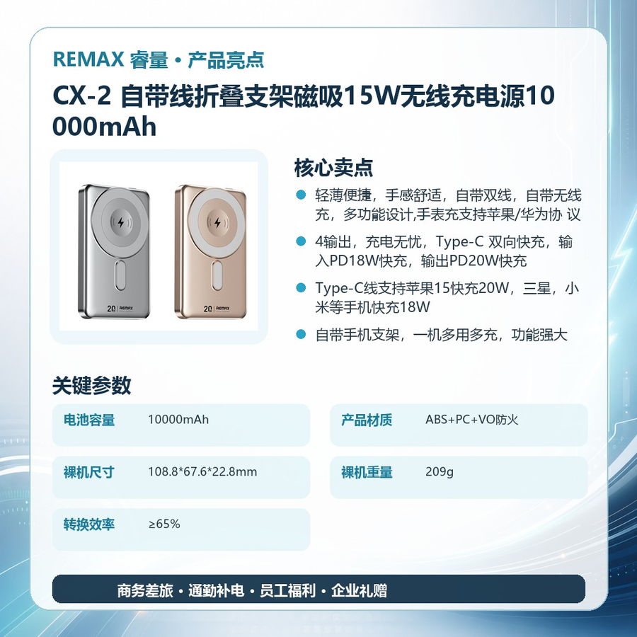 REMAX睿量 CX-2 REMAX睿量 CX-2 自带线折叠支架磁吸15W无线充电源10000mAh|10000mAh·20W快充·自带快充线·磁吸无线充 产品功能与规格详情图 02