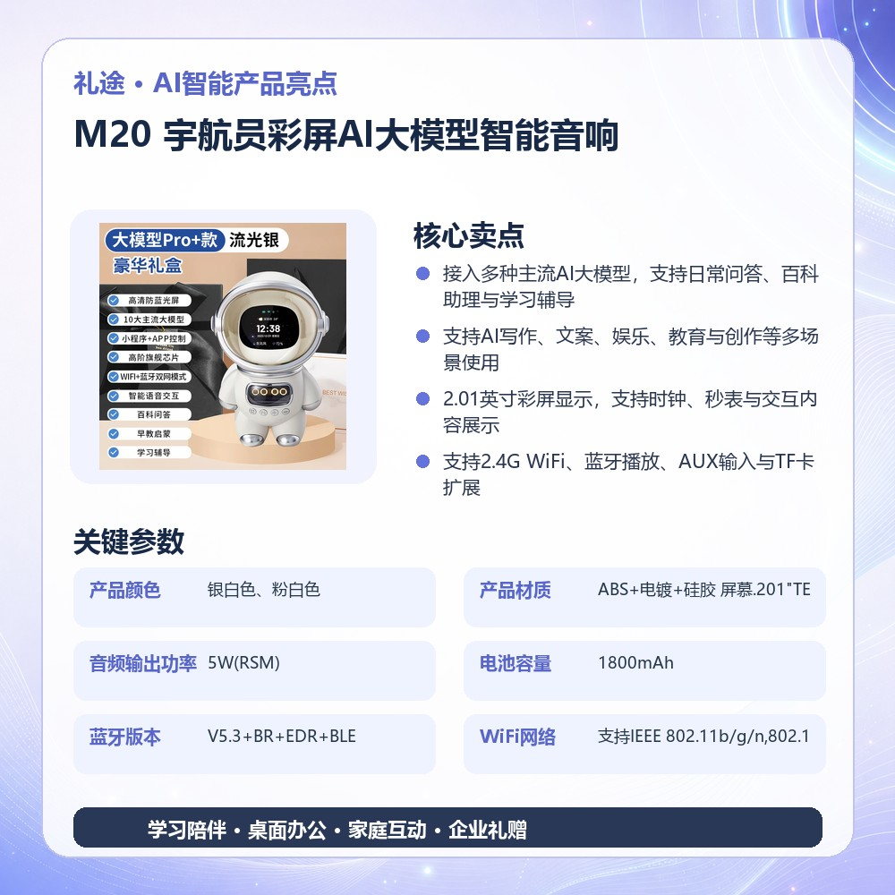 礼途 M20 宇航员彩屏AI大模型智能音响|AI语音对话·10大模型·2.01英寸彩屏·WiFi蓝牙产品图 3