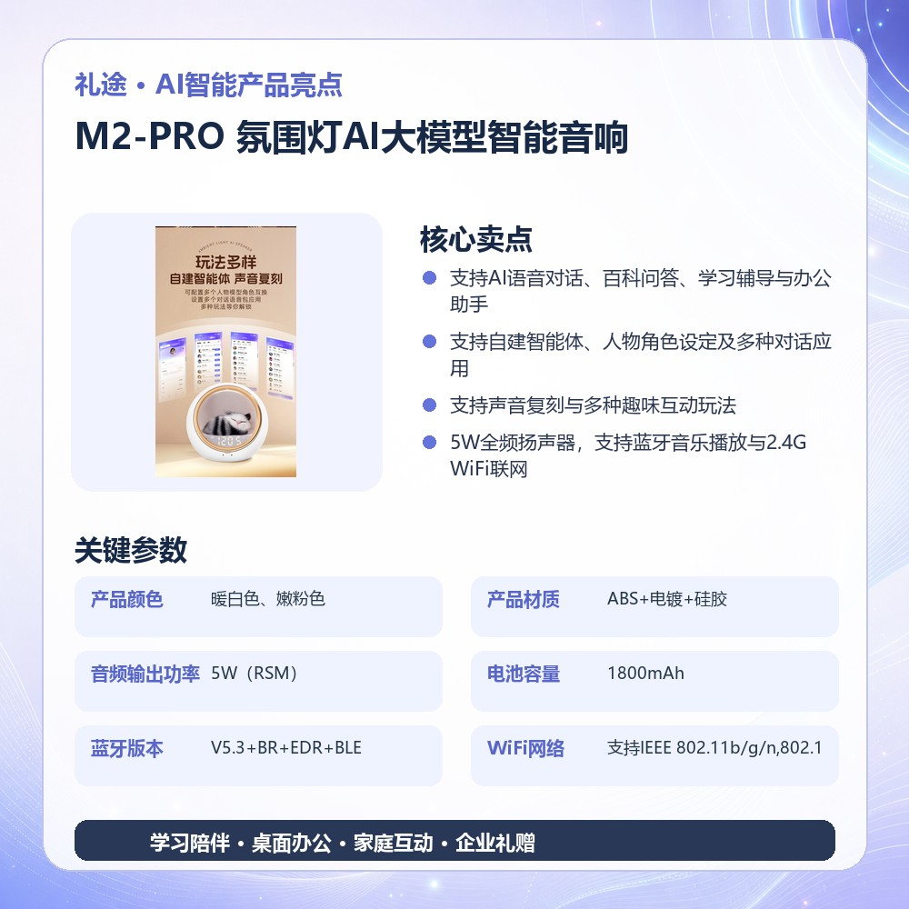 礼途 M2-PRO 氛围灯AI大模型智能音响|自建智能体·声音复刻·5W音响·1800mAh产品图 2