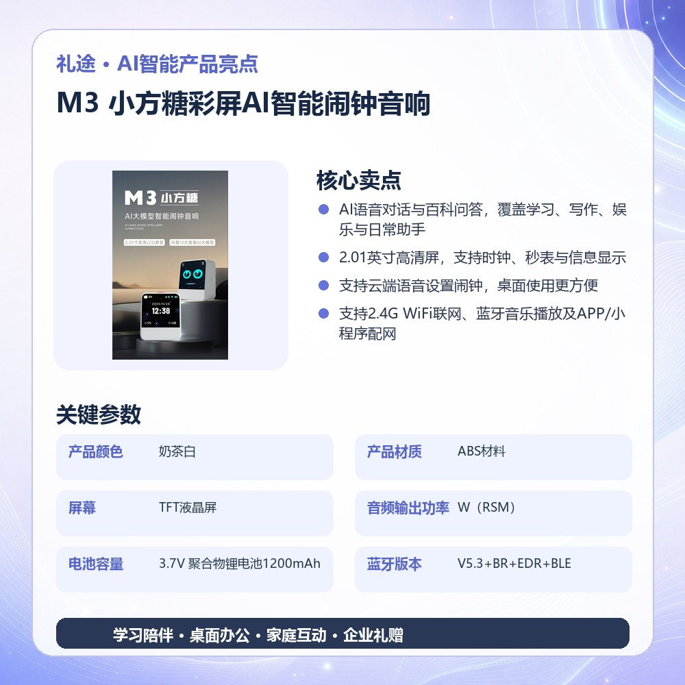 礼途 M3 小方糖彩屏AI智能闹钟音响|AI语音对话·2.01英寸屏·智能闹钟·1200mAh产品图 2