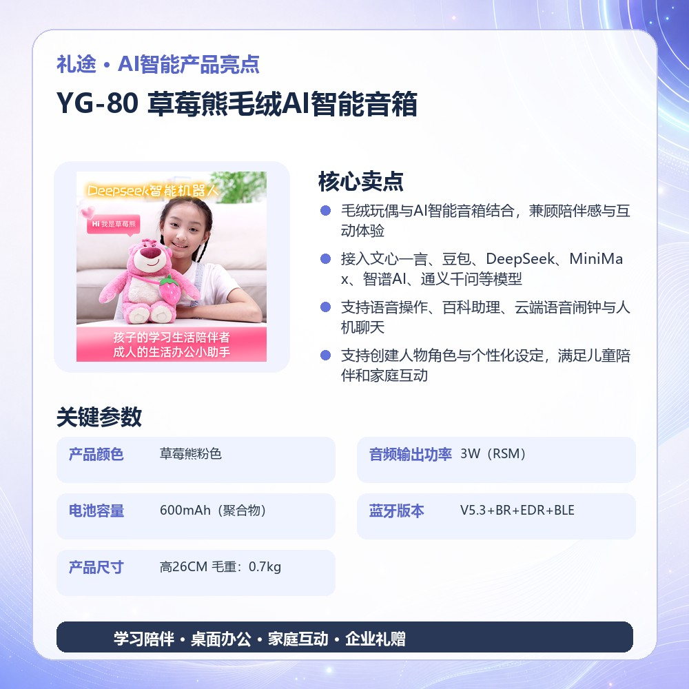 礼途 YG-80 草莓熊毛绒AI智能音箱|毛绒AI陪伴·六大模型·角色创建·家长守护产品图 3