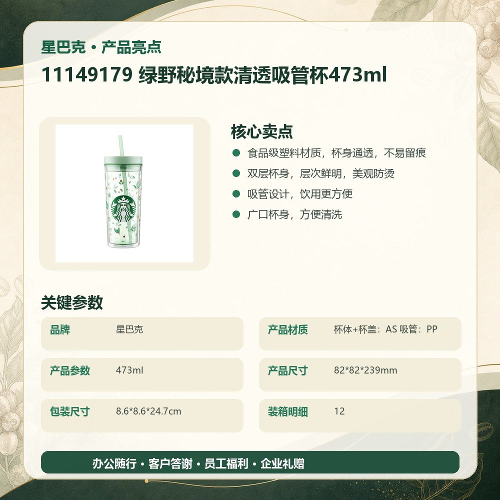 星巴克 11149179 绿野秘境款清透吸管杯473ml|473ml·双层隔热·吸管畅饮·广口易清洗产品图 9