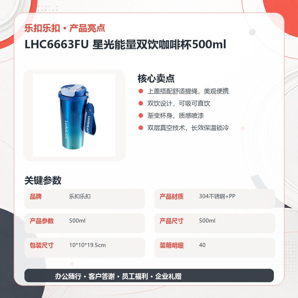 乐扣乐扣 LHC6663FU 星光能量双饮咖啡杯500ml|500ml·真空锁温·双饮口产品图 9