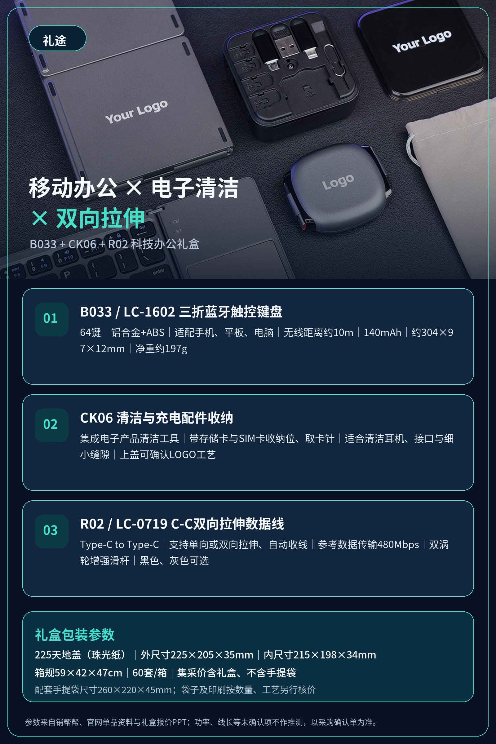 B033三折蓝牙触控键盘+CK06电子产品清洁数据线+R02双向拉伸C-C数据线科技办公礼盒产品图 9
