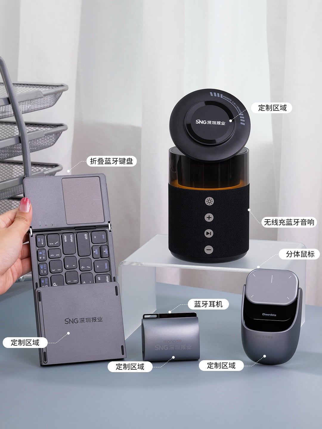 礼途 奇点二代分体空气鼠标+HT-554四合一无线充蓝牙音响+P-Q13开放式AI翻译耳机+B033三折触控键盘智能办公科技礼盒产品图 4