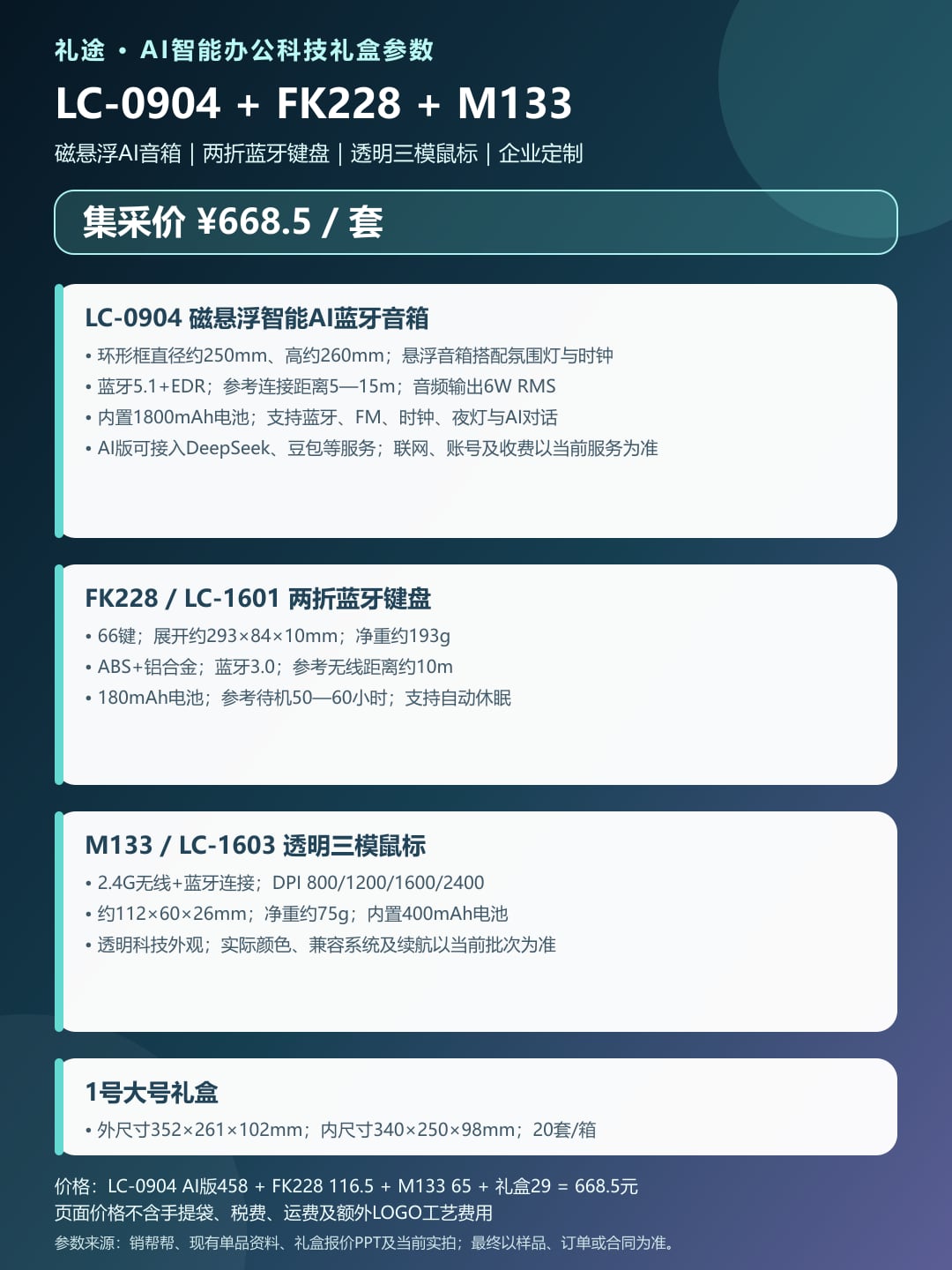 礼途 LC-0904磁悬浮智能AI蓝牙音箱+FK228两折蓝牙键盘+M133透明三模鼠标智能办公科技礼盒产品图 9