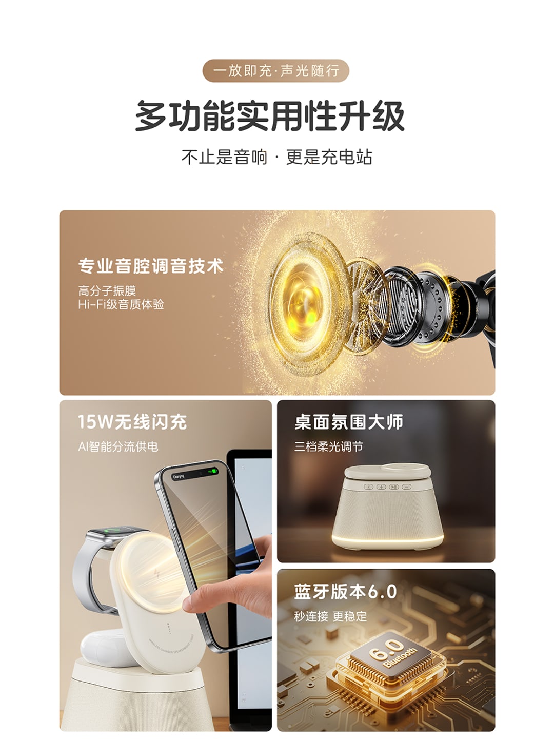 HT-570多功能三合一无线充蓝牙音响|氛围灯·折叠支架·企业LOGO定制产品图 5
