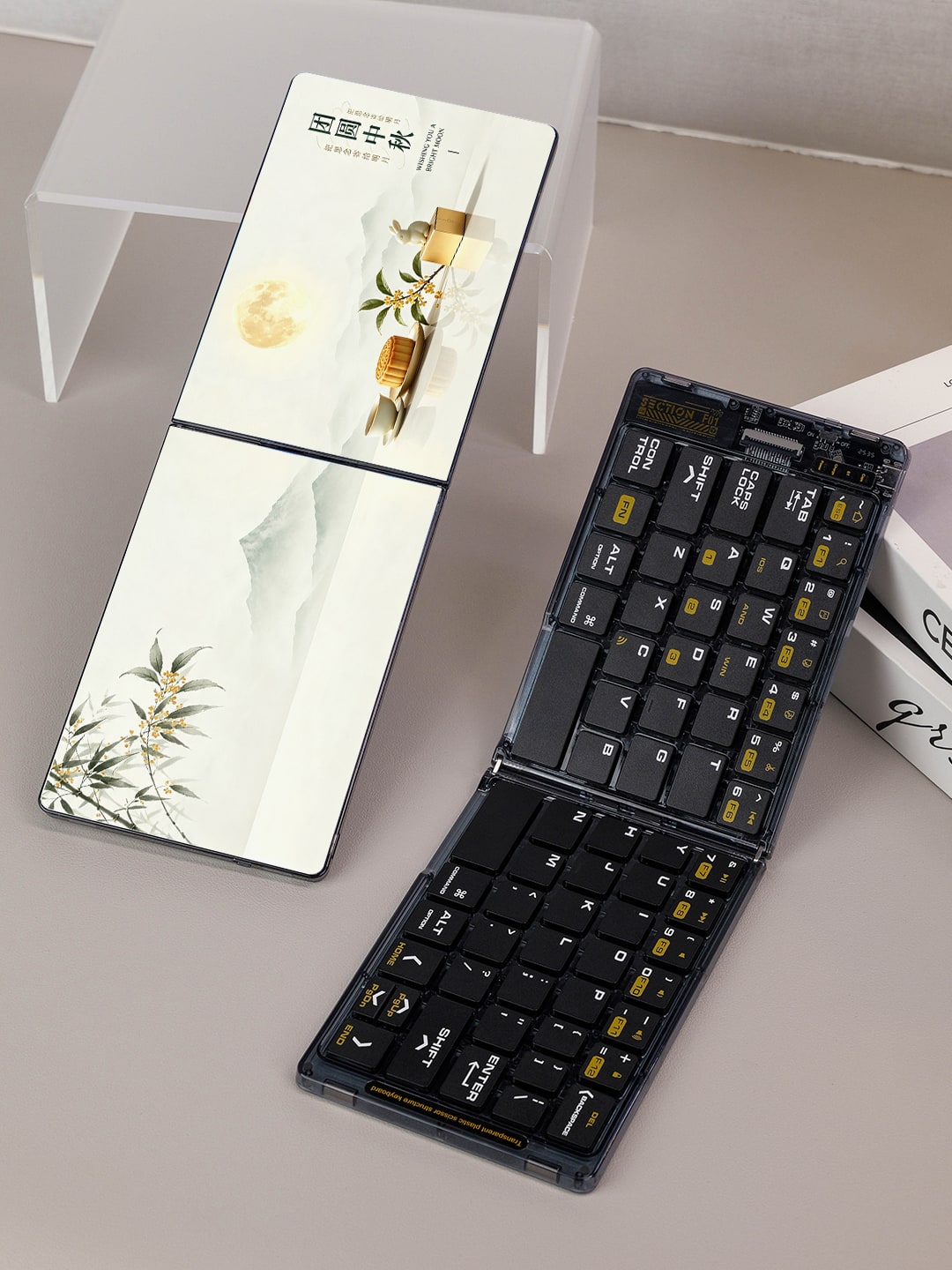 F01折叠透明带凹槽可贴片键盘+7006三合一露营灯+DW12机甲小方块蓝牙音箱中秋科技礼盒 315天地盖包装盒产品图 3